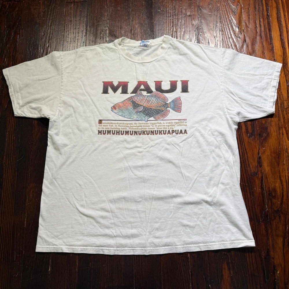 Vintage 90s Maui Shirt Mens 2XL White Humuhumunukunukuapuaa Hanes Single‎ Stitch